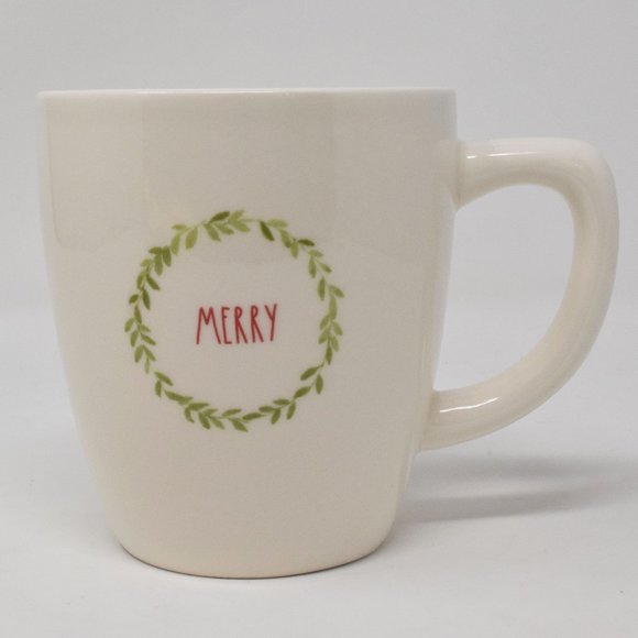 Rae Dunn Merry Wreath Holiday Mug Red Interior New Winter Coffee Cup Lounge - Picture 1 of 11